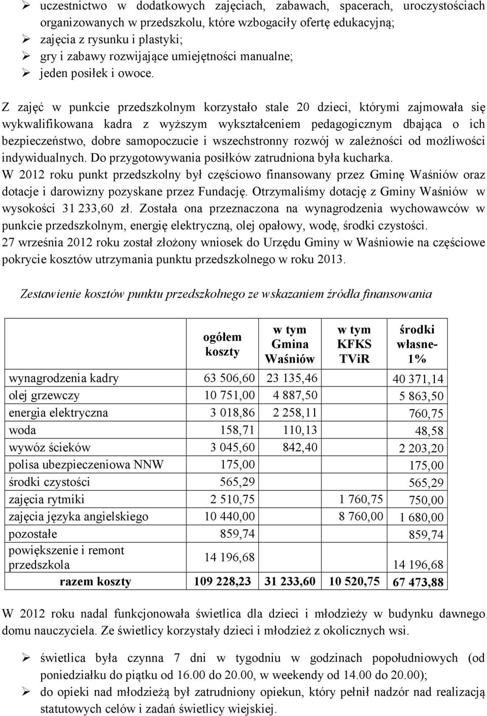 Z zajęć w punkcie przedszkolnym korzystało stale 20 dzieci, którymi zajmowała się wykwalifikowana kadra z wyższym wykształceniem pedagogicznym dbająca o ich bezpieczeństwo, dobre samopoczucie i