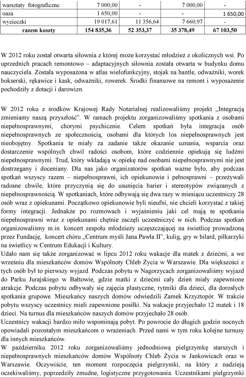 Została wyposażona w atlas wielofunkcyjny, stojak na hantle, odważniki, worek bokserski, rękawice i kask, odważniki, rowerek. Środki finansowe na remont i wyposażenie pochodziły z dotacji i darowizn.