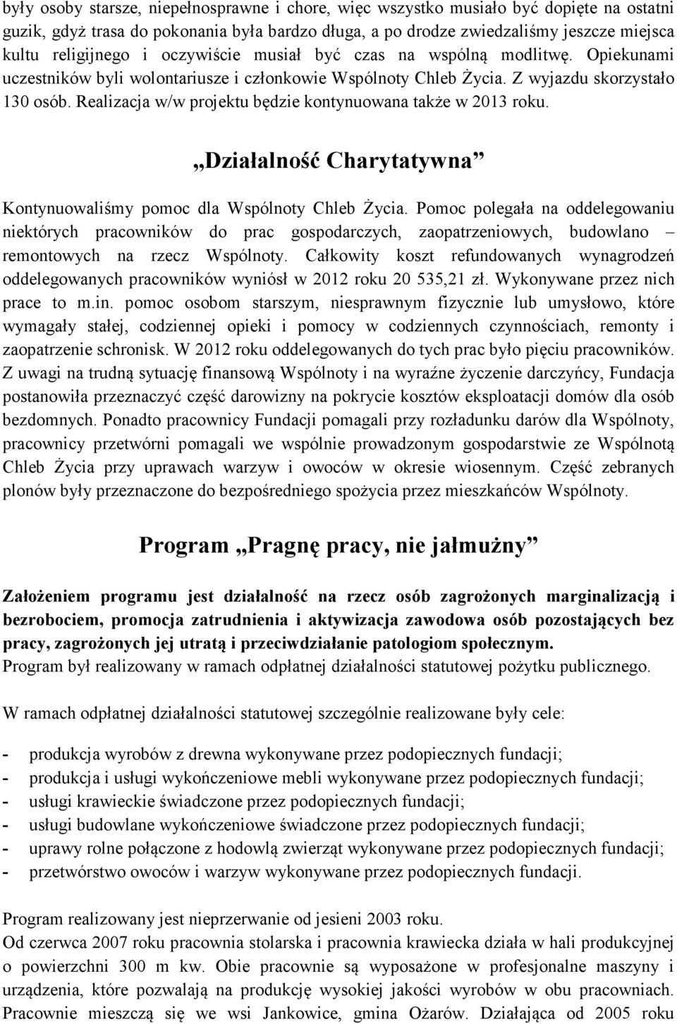 Realizacja w/w projektu będzie kontynuowana także w 2013 roku. Działalność Charytatywna Kontynuowaliśmy pomoc dla Wspólnoty Chleb Życia.