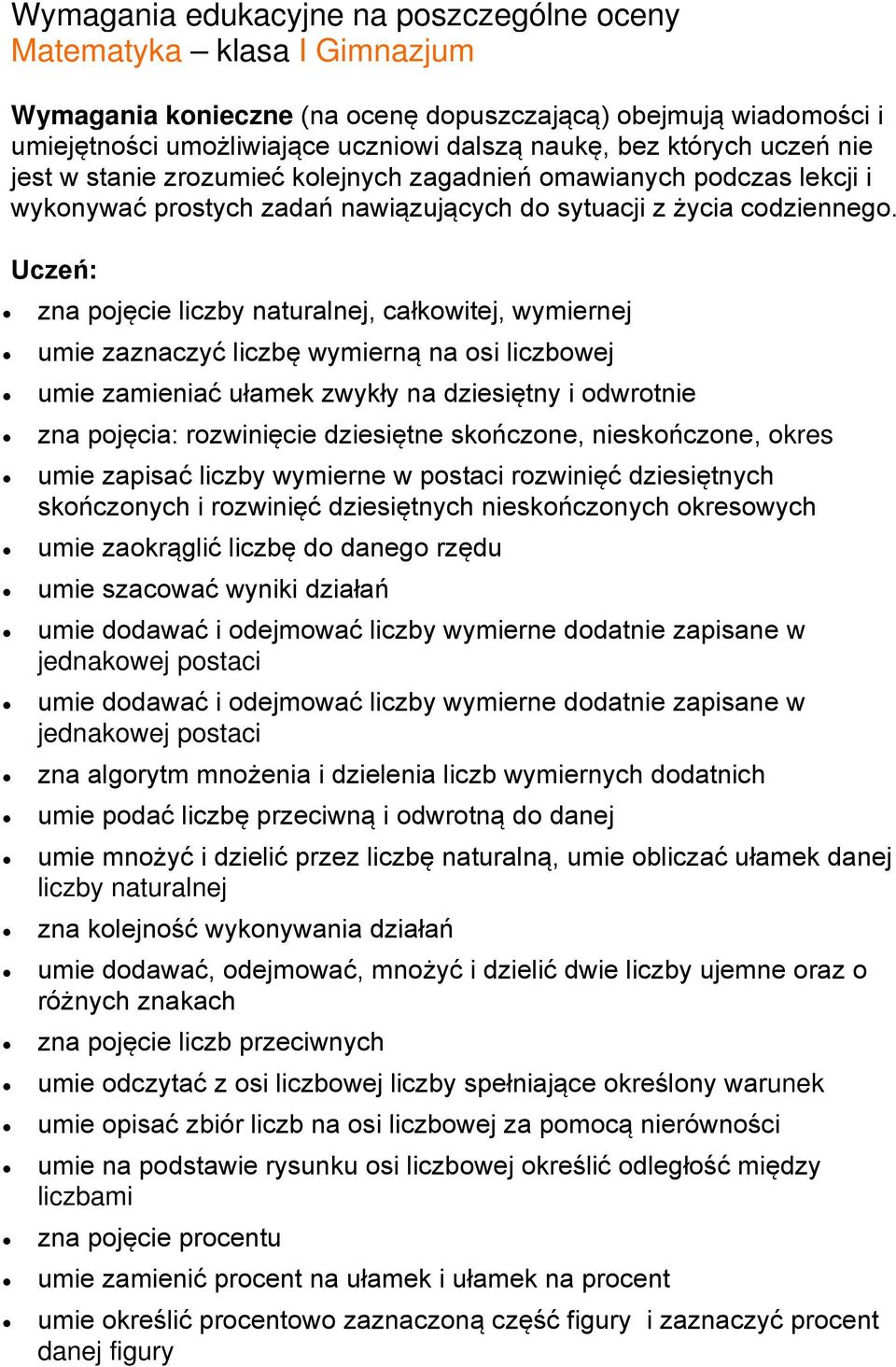 Uczeń: zna pojęcie liczby naturalnej, całkowitej, wymiernej umie zaznaczyć liczbę wymierną na osi liczbowej umie zamieniać ułamek zwykły na dziesiętny i odwrotnie zna pojęcia: rozwinięcie dziesiętne