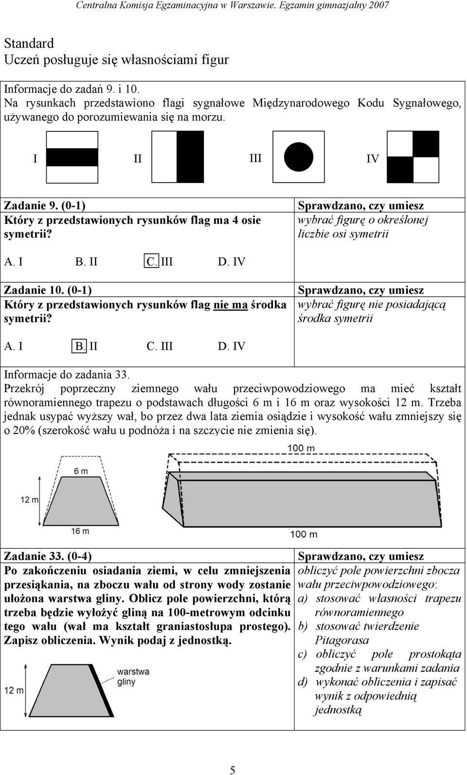 (0-) Który z przedstawionych rysunków flag nie ma środka symetrii? wybrać figurę nie posiadającą środka symetrii A. I B. II C. III D. IV Informacje do zadania 33.