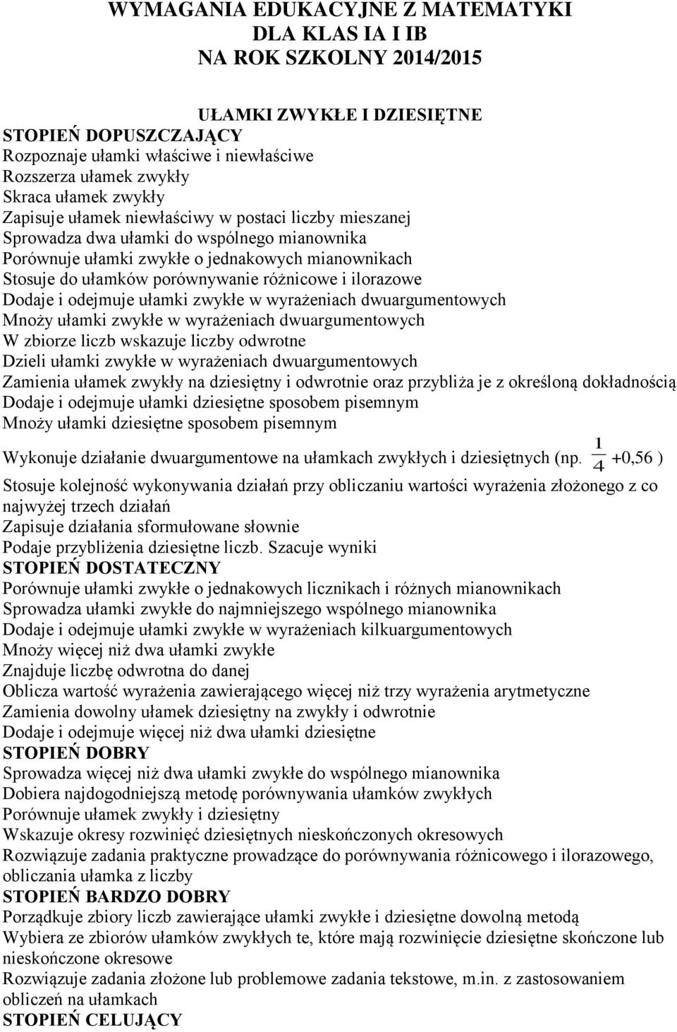 Dodaje i odejmuje ułamki zwykłe w wyrażeniach dwuargumentowych Mnoży ułamki zwykłe w wyrażeniach dwuargumentowych W zbiorze liczb wskazuje liczby odwrotne Dzieli ułamki zwykłe w wyrażeniach