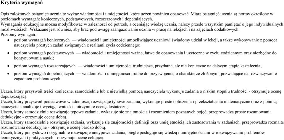 Wymagania edukacyjne można modyfikować w zależności od potrzeb, a oceniając wiedzę ucznia, należy przede wszystkim pamiętać o jego indywidualnych możliwościach.