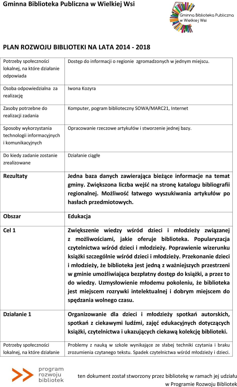 Działanie ciągłe Jedna baza danych zawierająca bieżące informacje na temat gminy. Zwiększona liczba wejść na stronę katalogu bibliografii regionalnej.