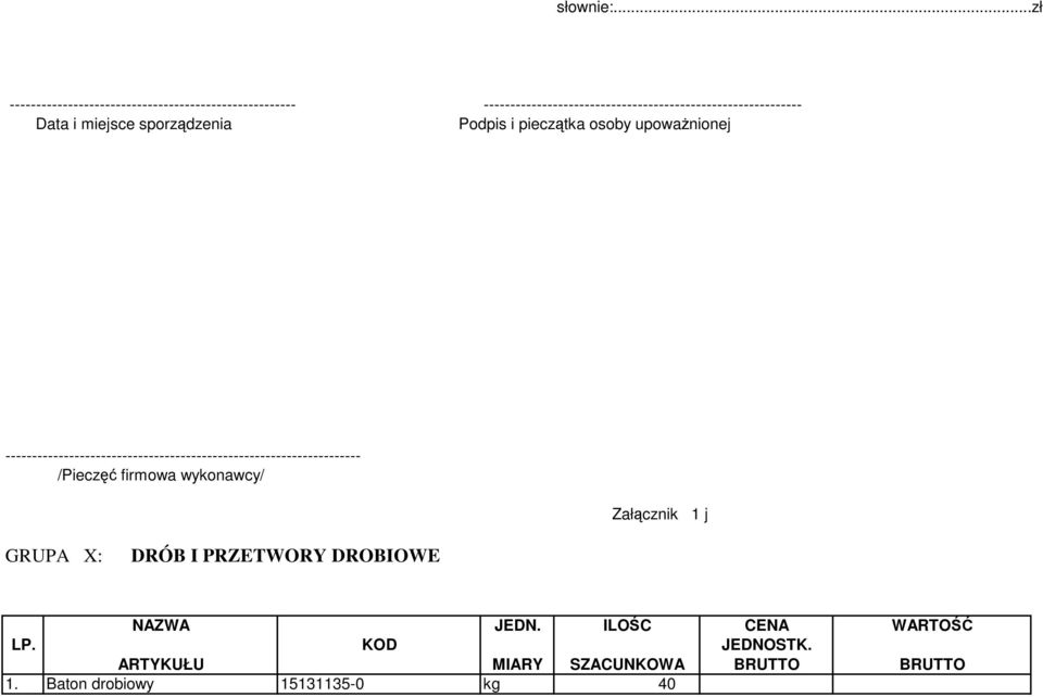 PRZETWORY DROBIOWE Załącznik 1 j 1. Baton drobiowy 15131135-0 kg 40