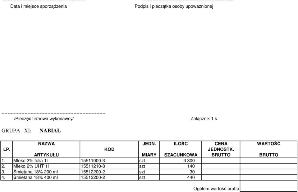 Mleko 2% folia 1l 15511000-3 szt 3 300 2. Mleko 2% UHT 1l 15511210-8 szt 140 3.