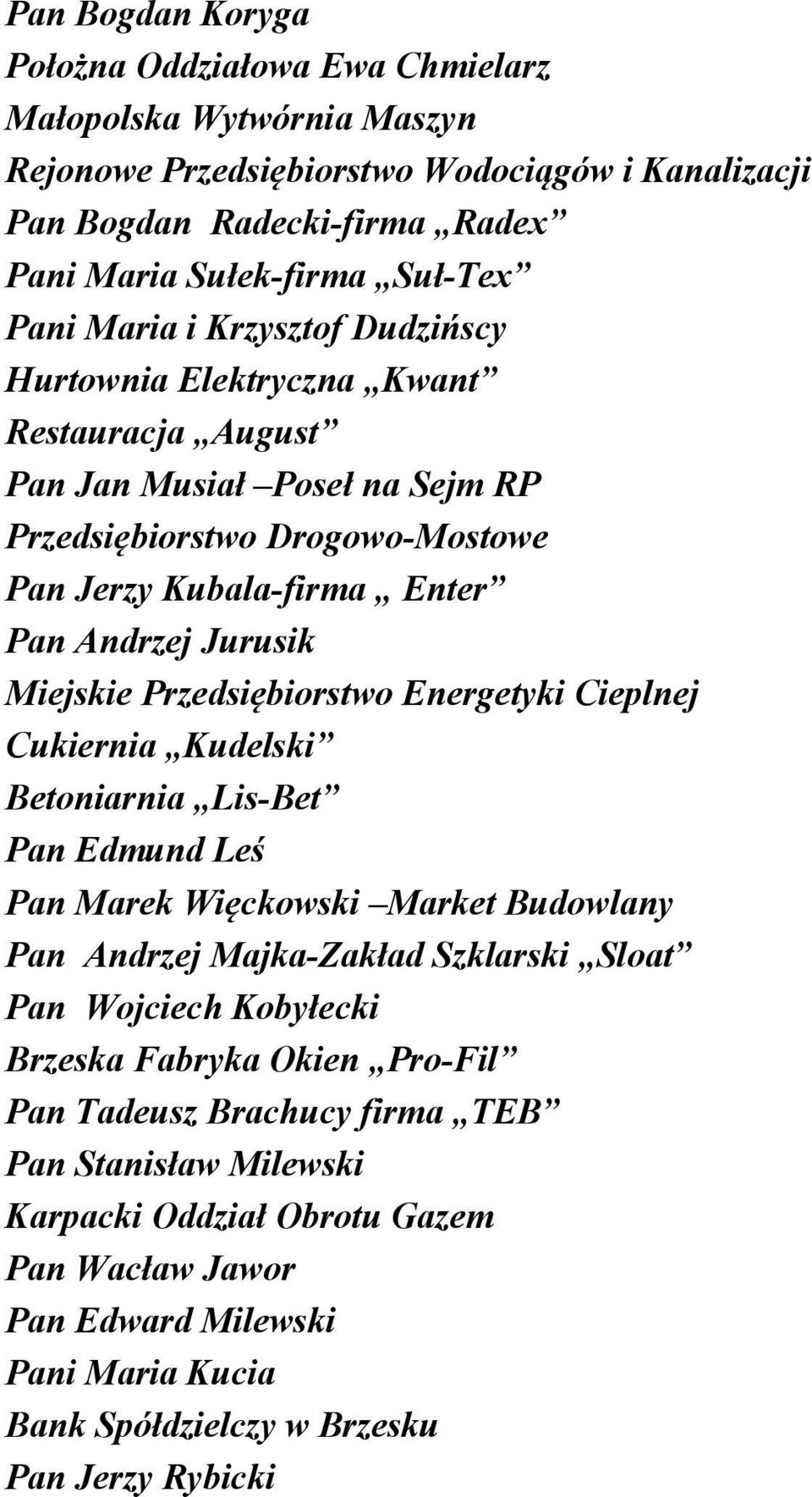 Przedsiębiorstwo Energetyki Cieplnej Cukiernia Kudelski Betoniarnia Lis-Bet Pan Edmund Leś Pan Marek Więckowski Market Budowlany Pan Andrzej Majka-Zakład Szklarski Sloat Pan Wojciech Kobyłecki