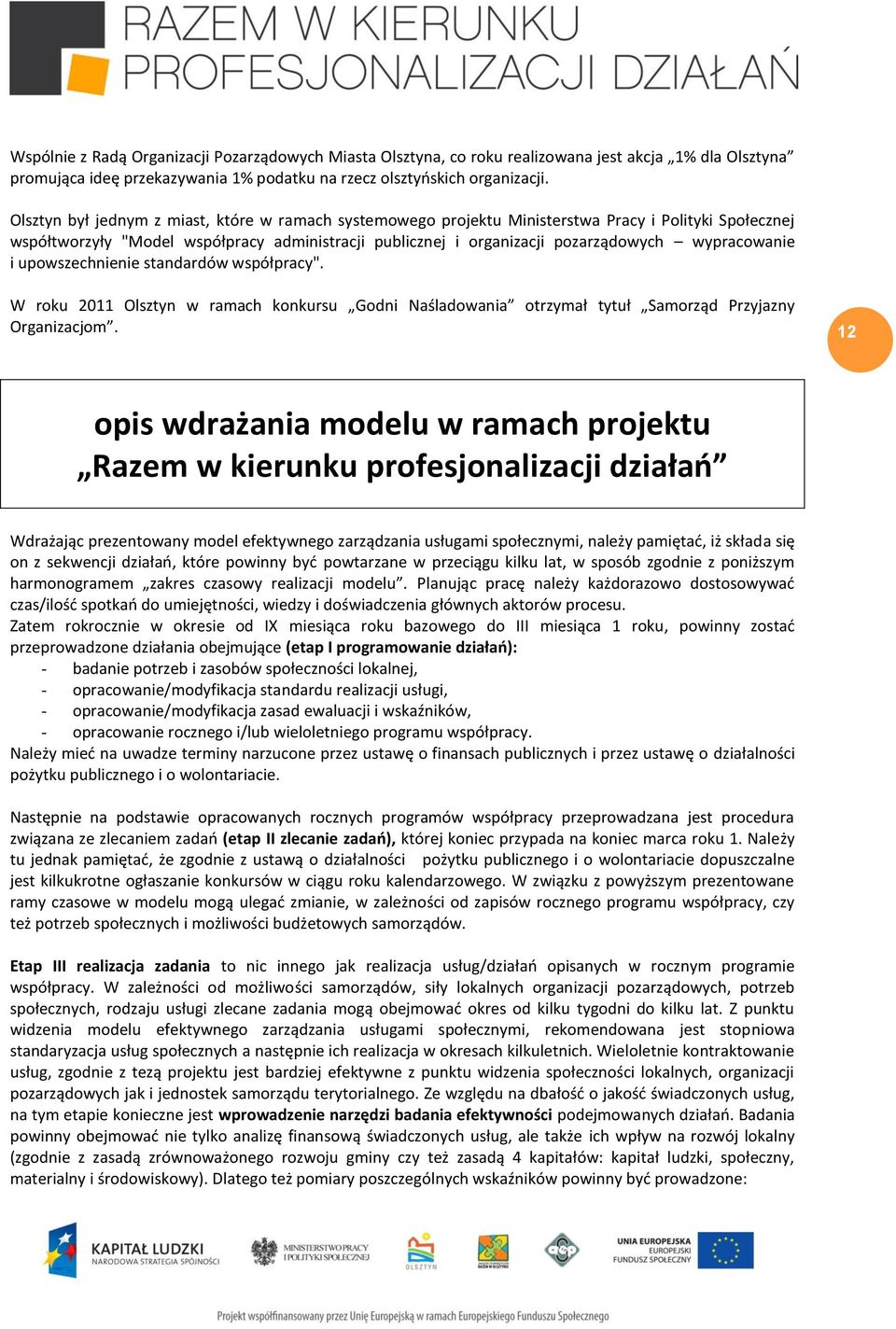 wypracowanie i upowszechnienie standardów współpracy". W roku 2011 Olsztyn w ramach konkursu Godni Naśladowania otrzymał tytuł Samorząd Przyjazny Organizacjom.