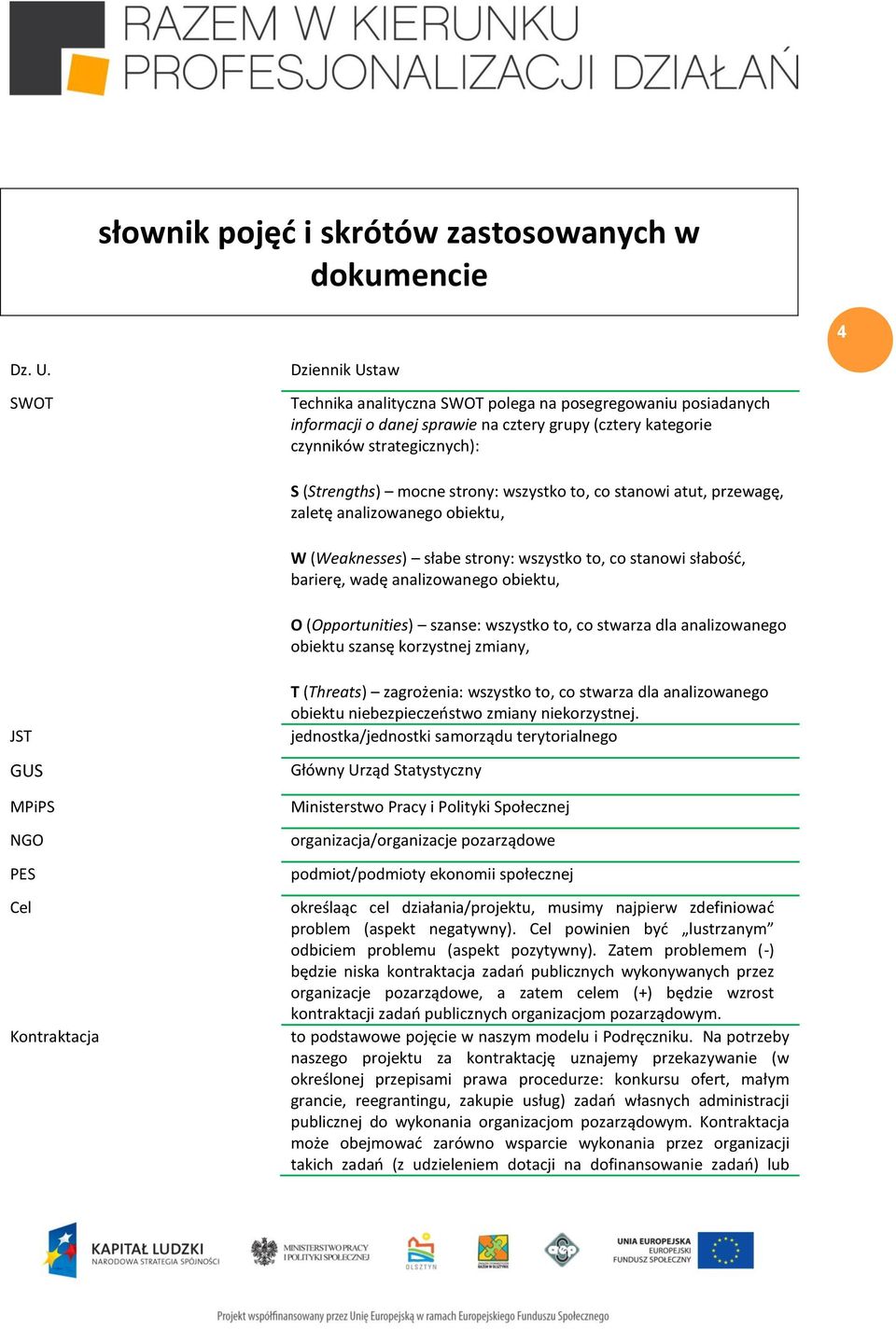 wszystko to, co stanowi atut, przewagę, zaletę analizowanego obiektu, W (Weaknesses) słabe strony: wszystko to, co stanowi słabość, barierę, wadę analizowanego obiektu, O (Opportunities) szanse: