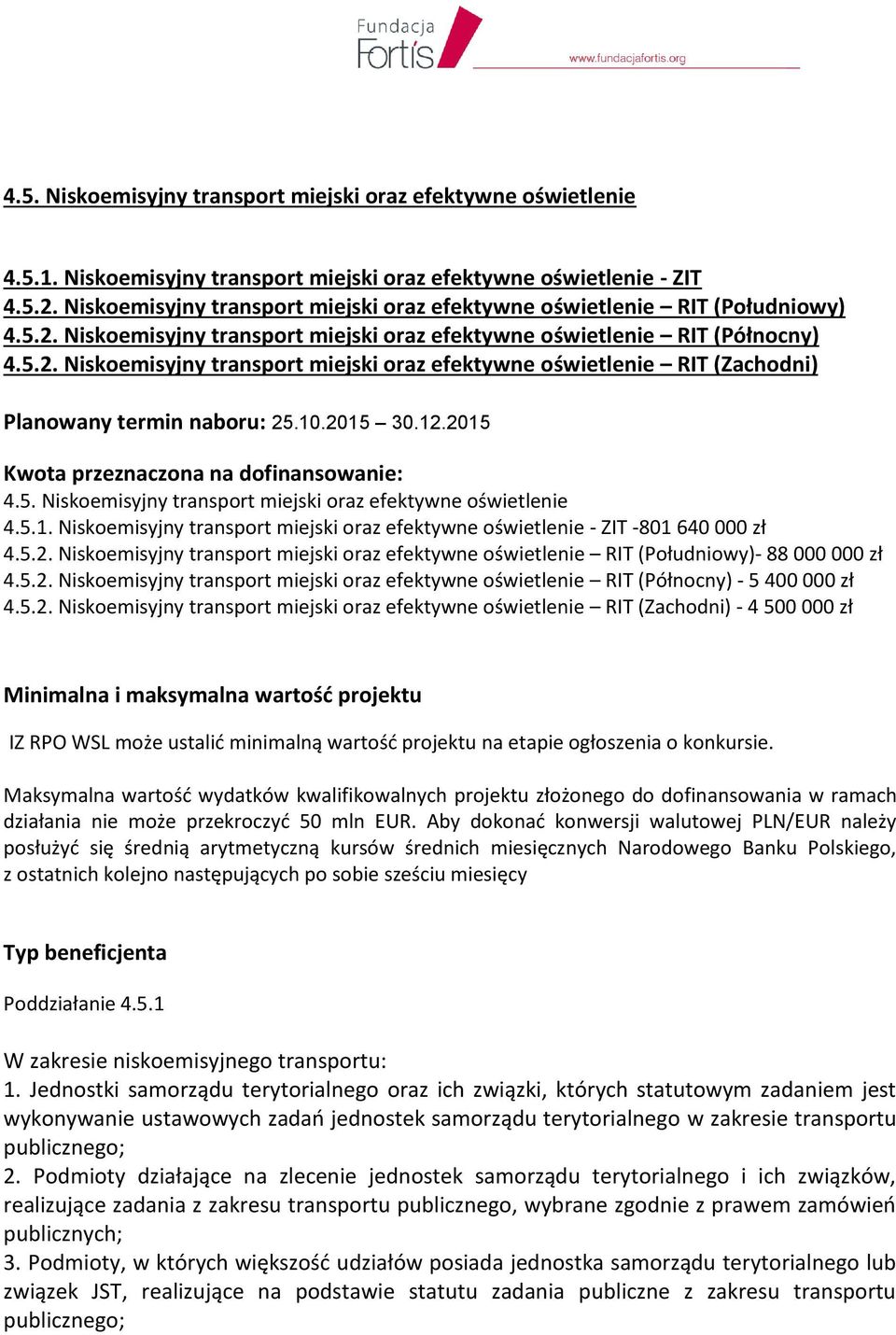 10.2015 30.12.2015 Kwota przeznaczona na dofinansowanie: 4.5. Niskoemisyjny transport miejski oraz efektywne oświetlenie 4.5.1. Niskoemisyjny transport miejski oraz efektywne oświetlenie - ZIT -801 640 000 zł 4.