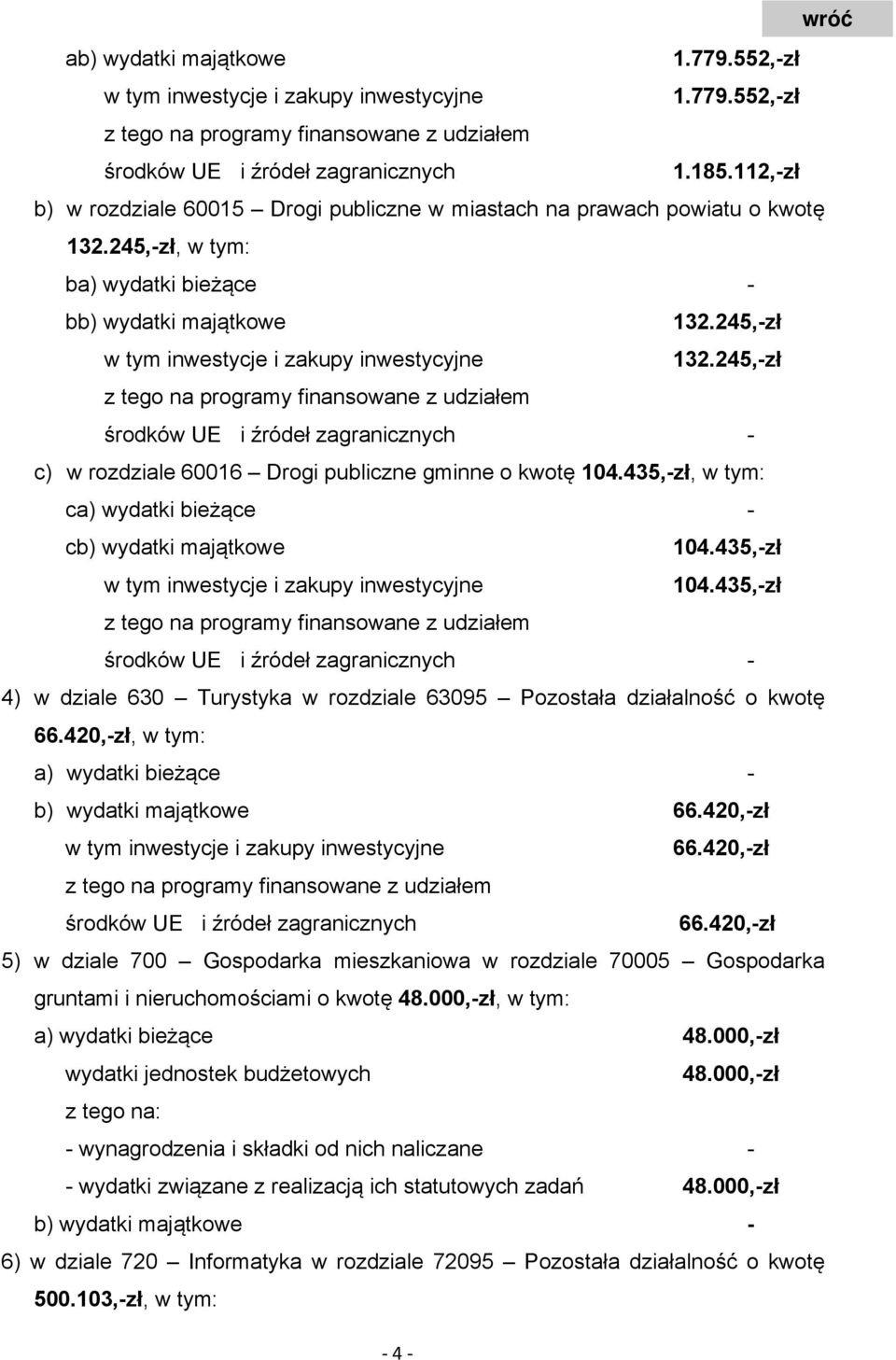 245,-zł w tym inwestycje i zakupy inwestycyjne 132.245,-zł z tego na programy finansowane z udziałem środków UE i źródeł zagranicznych - c) w rozdziale 60016 Drogi publiczne gminne o kwotę 104.