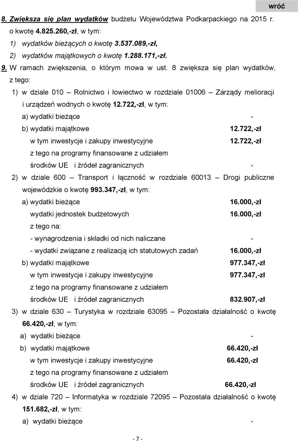 722,-zł, w tym: a) wydatki bieżące - b) wydatki majątkowe 12.722,-zł w tym inwestycje i zakupy inwestycyjne 12.