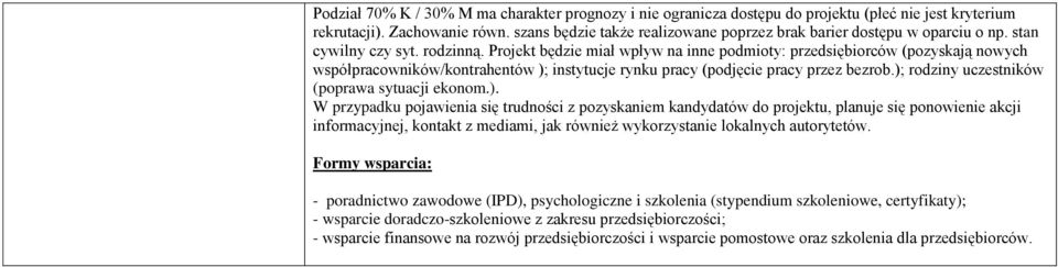 Projekt będzie miał wpływ na inne podmioty: przedsiębiorców (pozyskają nowych współpracowników/kontrahentów ); instytucje rynku pracy (podjęcie pracy przez bezrob.