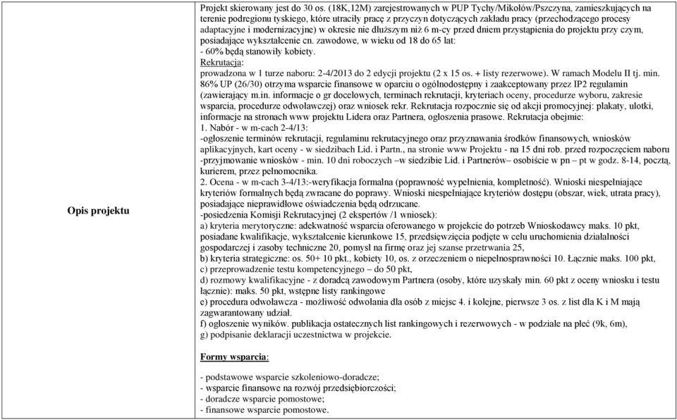 i modernizacyjne) w okresie nie dłuższym niż 6 m-cy przed dniem przystąpienia do projektu przy czym, posiadające wykształcenie cn. zawodowe, w wieku od 18 do 65 lat: - 60% będą stanowiły kobiety.