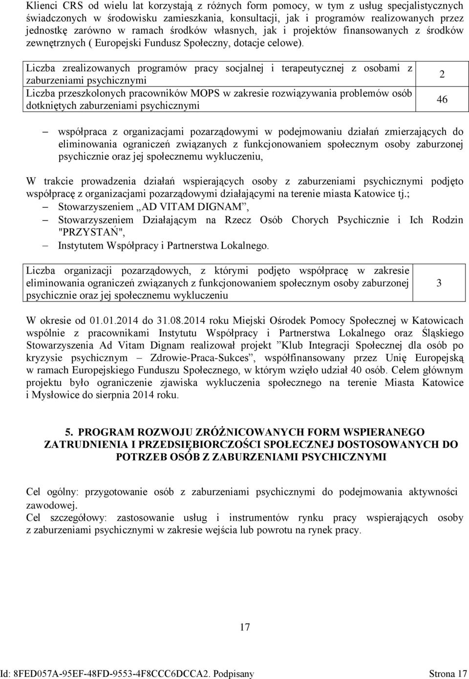 Liczba zrealizowanych programów pracy socjalnej i terapeutycznej z osobami z zaburzeniami psychicznymi Liczba przeszkolonych pracowników MOPS w zakresie rozwiązywania problemów osób dotkniętych