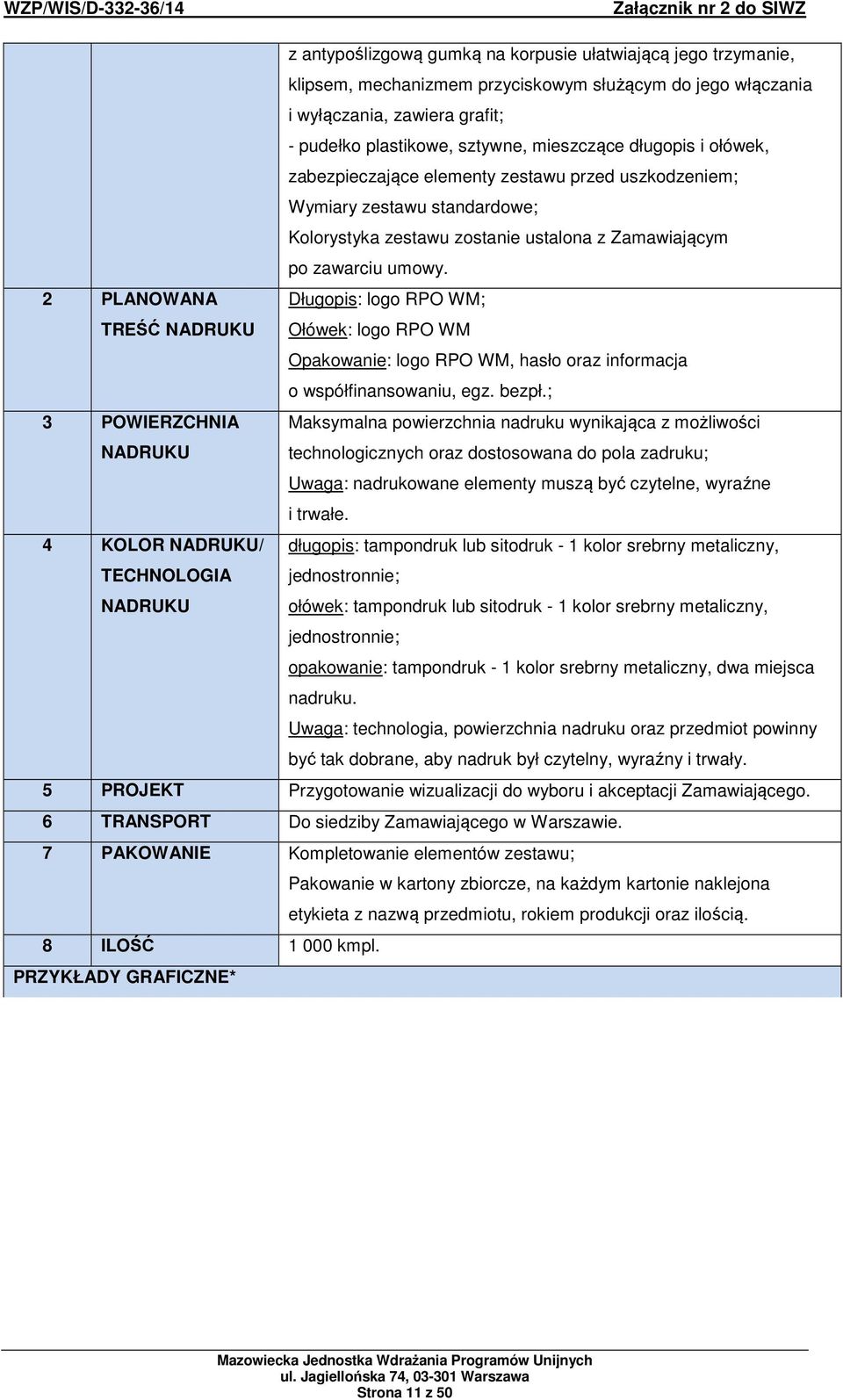 2 PLANOWANA TREŚĆ Długopis: logo RPO WM; Ołówek: logo RPO WM Opakowanie: logo RPO WM, hasło oraz informacja o współfinansowaniu, egz. bezpł.