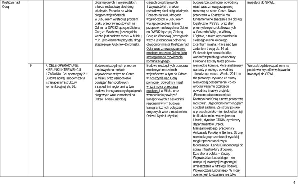 Ponadto na wielu drogach wojewódzkich w Lubuskiem występuje problem braku przepraw mostowych na Odrze na DW282 łączącej Zieloną Gorę ze Wschową (szczególnie ważna jest budowa mostu w Milsku, m.in.