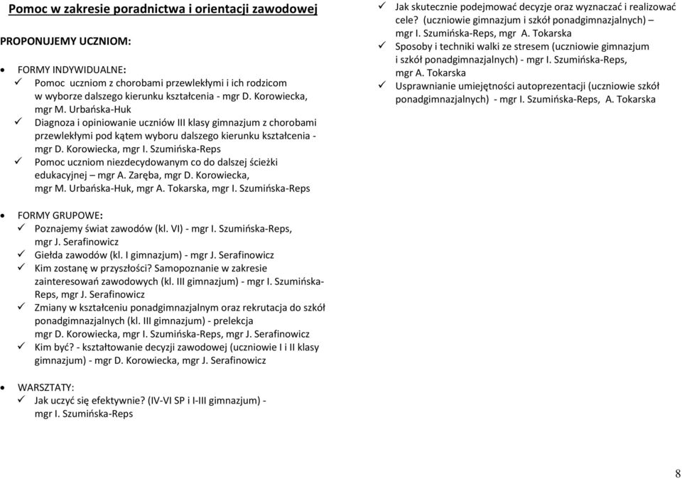 Szumińska-Reps Pomoc uczniom niezdecydowanym co do dalszej ścieżki edukacyjnej mgr A. Zaręba, mgr D. Korowiecka, mgr M. Urbańska-Huk, mgr A. Tokarska, mgr I.