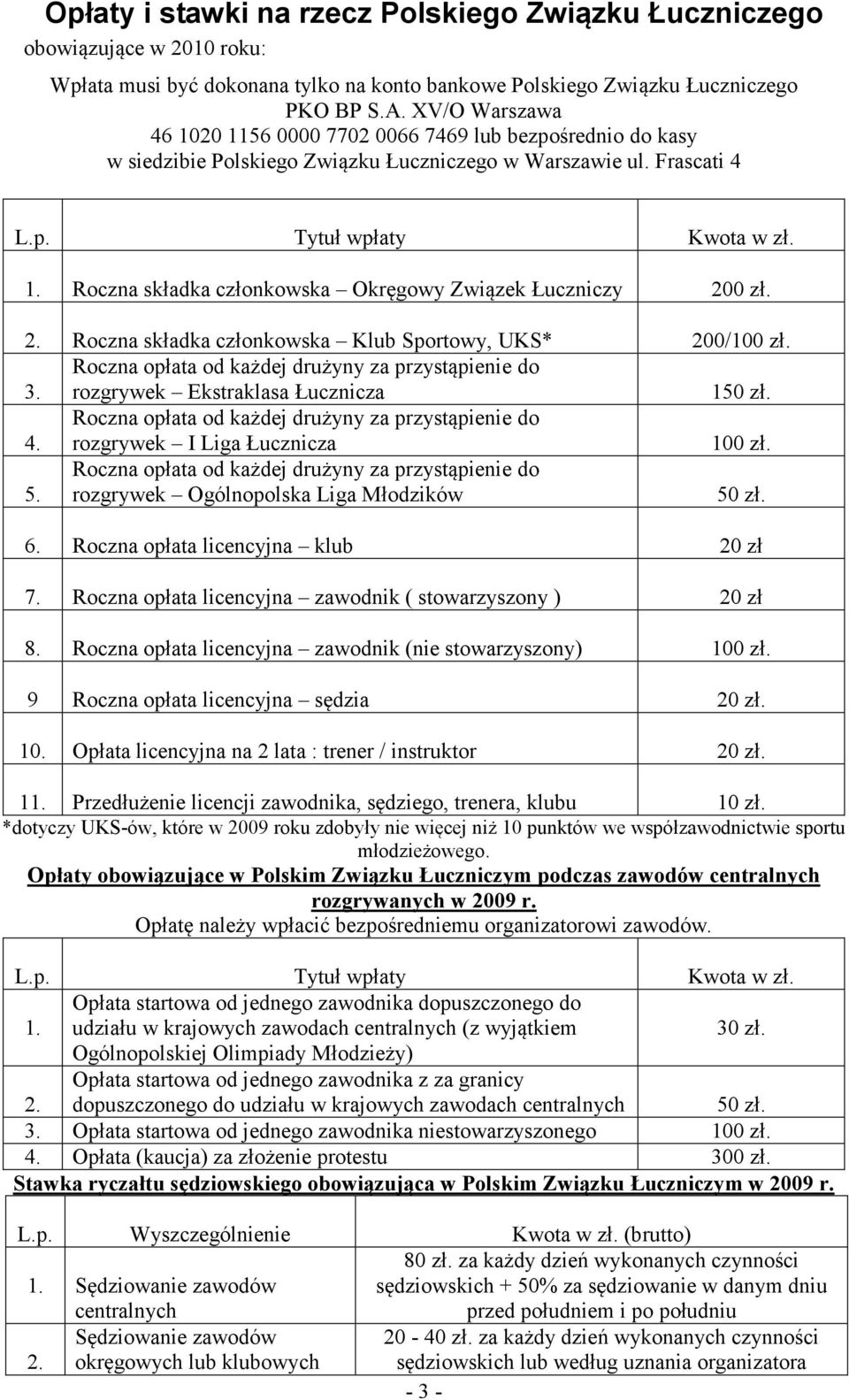 2. Roczna składka członkowska Klub Sportowy, UKS* 200/100 zł. 3. Roczna opłata od każdej drużyny za przystąpienie do rozgrywek Ekstraklasa Łucznicza 150 zł. 4.