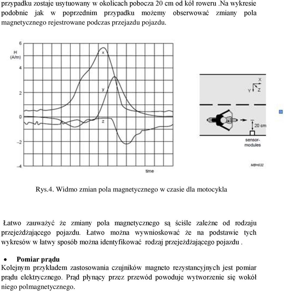 Widmo zmian pola magnetycznego w czasie dla motocykla Łatwo zauważyć że zmiany pola magnetycznego są ściśle zależne od rodzaju przejeżdżającego pojazdu.