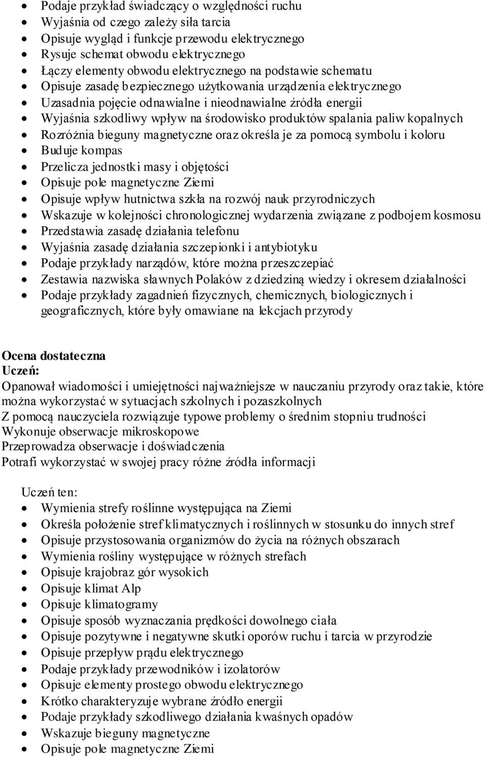 produktów spalania paliw kopalnych Rozróżnia bieguny magnetyczne oraz określa je za pomocą symbolu i koloru Buduje kompas Przelicza jednostki masy i objętości Opisuje pole magnetyczne Ziemi Opisuje