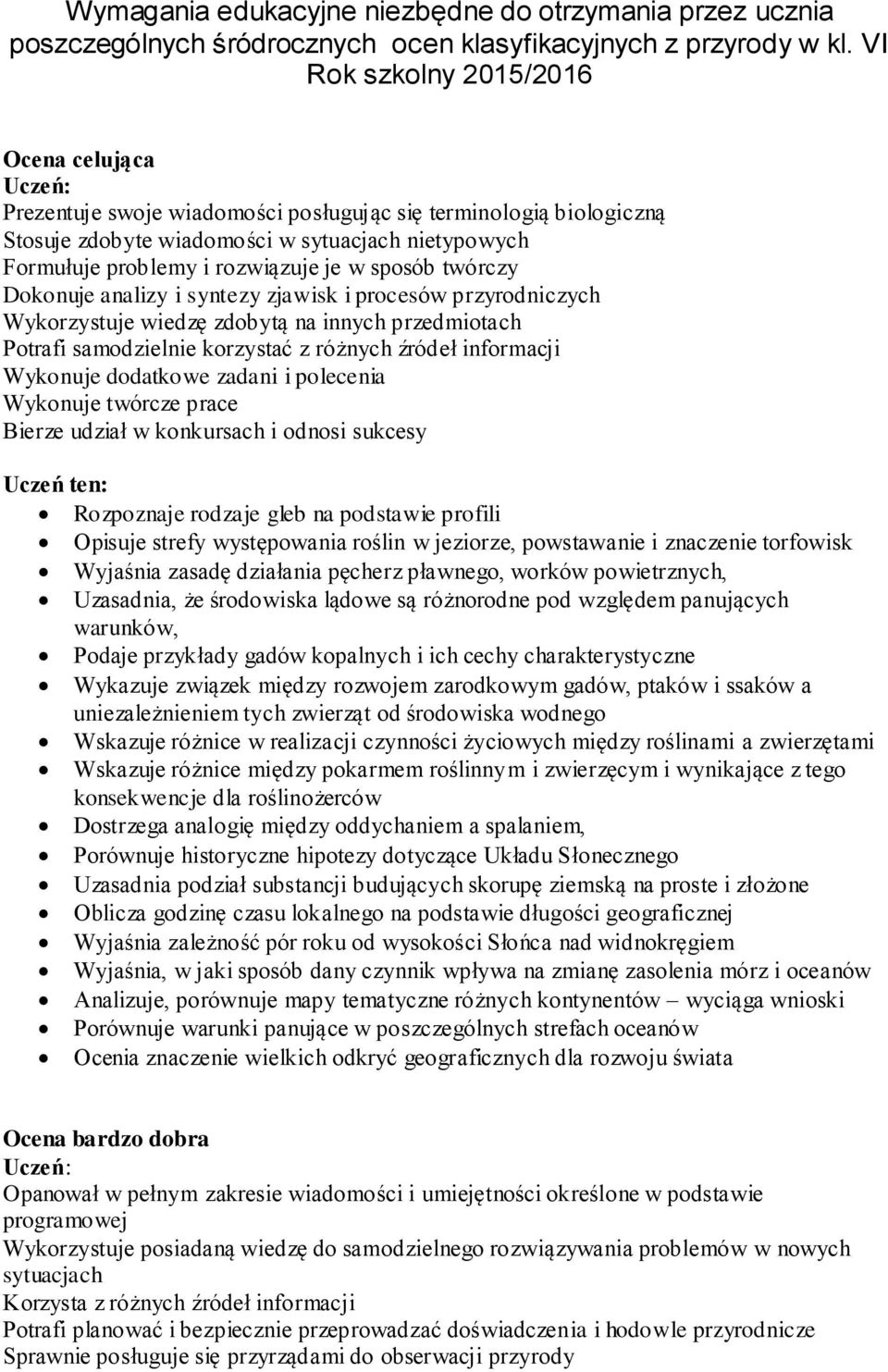 sposób twórczy Dokonuje analizy i syntezy zjawisk i procesów przyrodniczych Wykorzystuje wiedzę zdobytą na innych przedmiotach Potrafi samodzielnie korzystać z różnych źródeł informacji Wykonuje