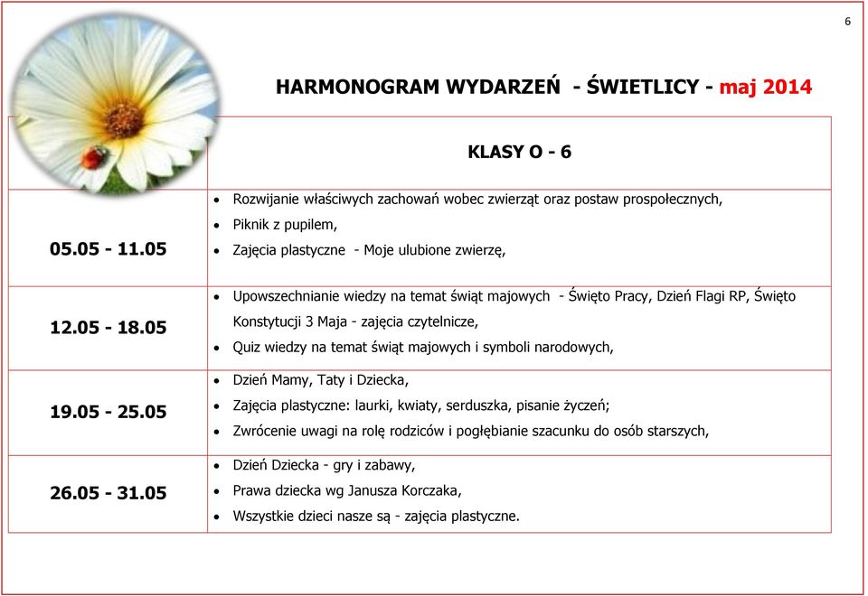 05 Konstytucji 3 Maja - zajęcia czytelnicze, Quiz wiedzy na temat świąt majowych i symboli narodowych, Dzień Mamy, Taty i Dziecka, 19.05-25.05 26.05-31.