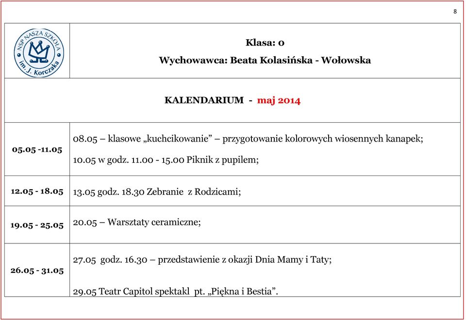 00 Piknik z pupilem; 12.05-18.05 13.05 godz. 18.30 Zebranie z Rodzicami; 19.05-25.05 20.