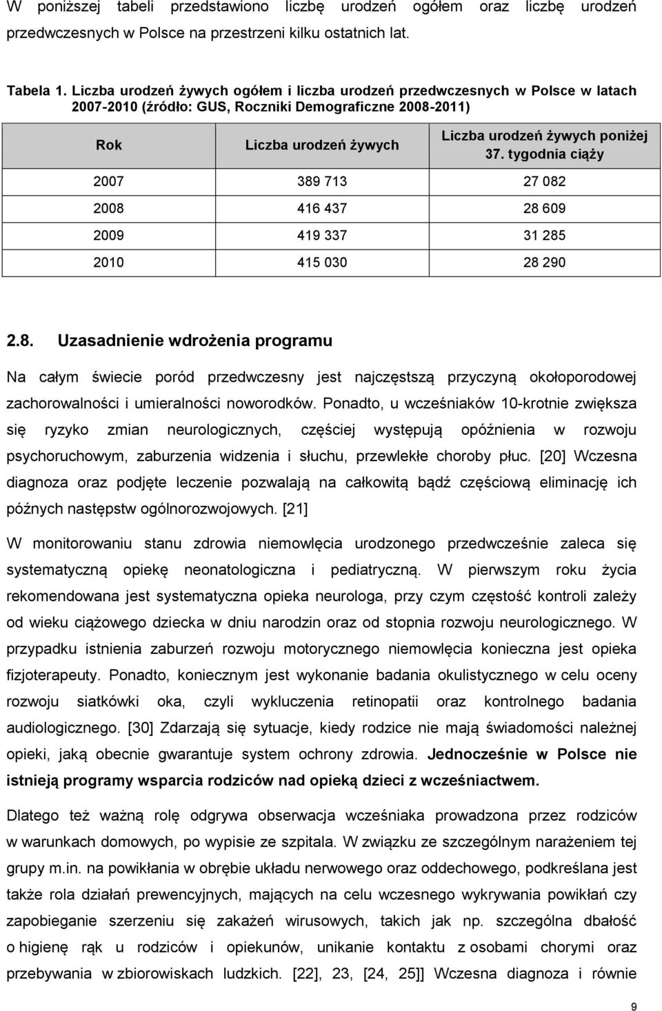 tygodnia ciąży 2007 389 713 27 082 2008 416 437 28 609 2009 419 337 31 285 2010 415 030 28 290 2.8. Uzasadnienie wdrożenia programu Na całym świecie poród przedwczesny jest najczęstszą przyczyną okołoporodowej zachorowalności i umieralności noworodków.