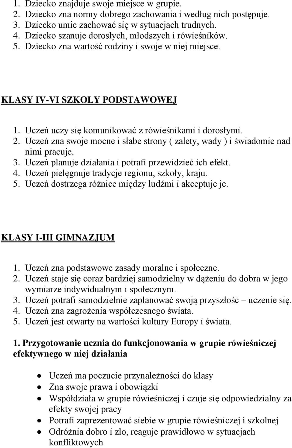 Uczeń zna swoje mocne i słabe strony ( zalety, wady ) i świadomie nad nimi pracuje. 3. Uczeń planuje działania i potrafi przewidzieć ich efekt. 4. Uczeń pielęgnuje tradycje regionu, szkoły, kraju. 5.