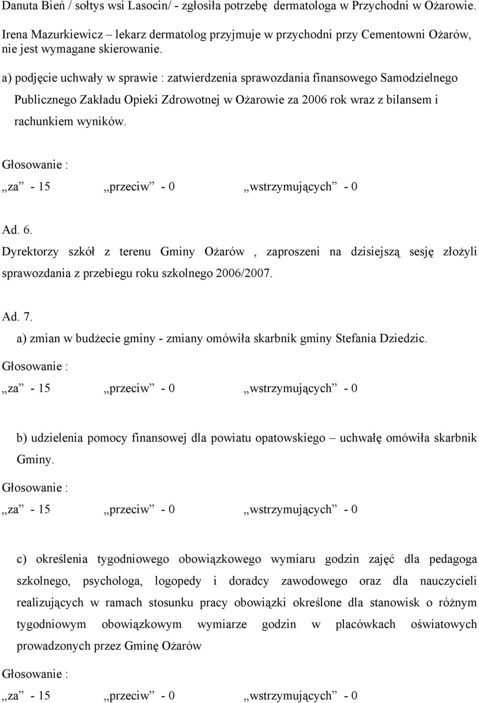 a) podjęcie uchwały w sprawie : zatwierdzenia sprawozdania finansowego Samodzielnego Publicznego Zakładu Opieki Zdrowotnej w Ożarowie za 2006 rok wraz z bilansem i rachunkiem wyników. Ad. 6.