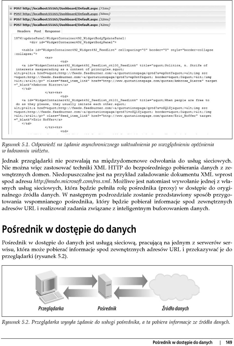 microsoft.com/rss.xml. Możliwe jest natomiast wywołanie jednej z własnych usług sieciowych, która będzie pełniła rolę pośrednika (proxy) w dostępie do oryginalnego źródła danych.