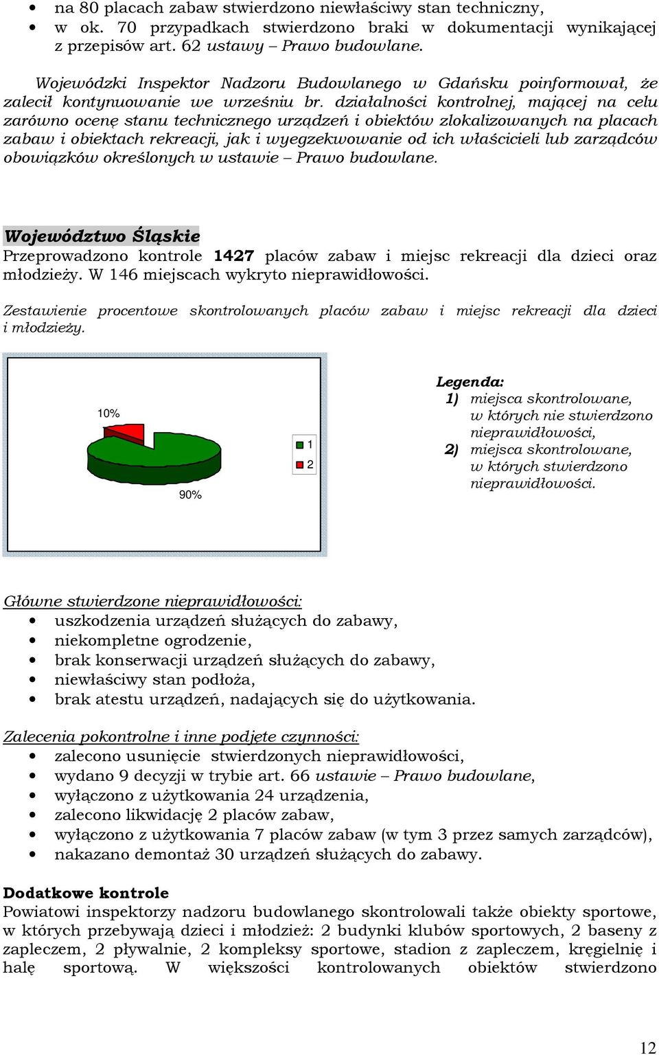 działalności kontrolnej, mającej na celu zarówno ocenę stanu technicznego urządzeń i obiektów zlokalizowanych na placach zabaw i obiektach rekreacji, jak i wyegzekwowanie od ich właścicieli lub