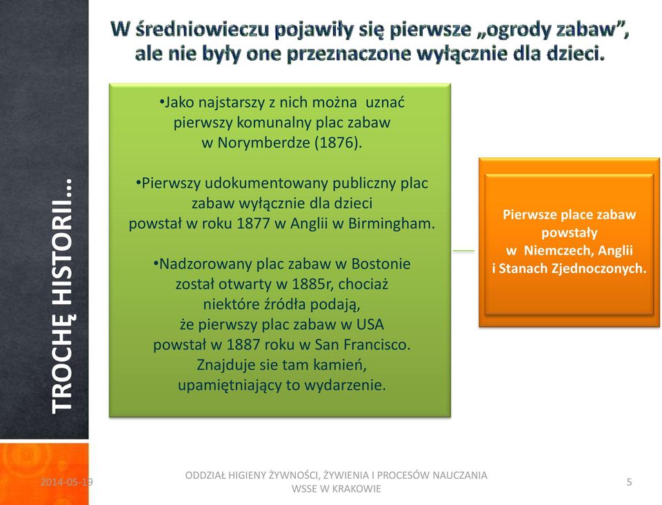 Nadzorowany plac zabaw w Bostonie został otwarty w 1885r, chociaż niektóre źródła podają, że pierwszy plac zabaw w USA powstał