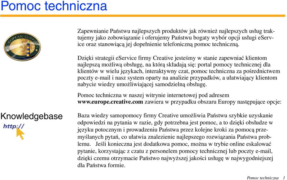 Dzięki strategii eservice firmy Creative jesteśmy w stanie zapewniać klientom najlepszą możliwą obsługę, na którą składają się: portal pomocy technicznej dla klientów w wielu językach, interaktywny