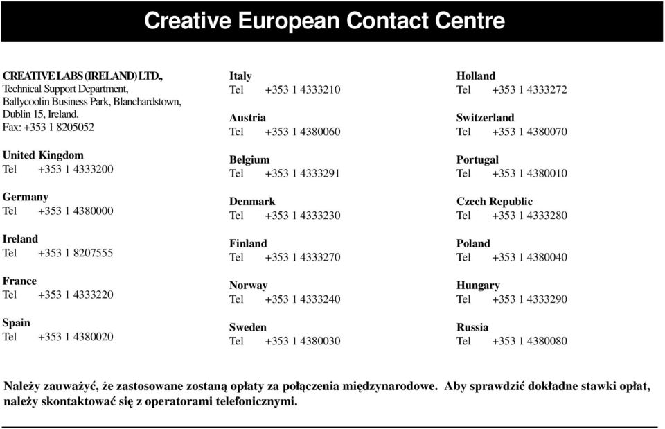 +353 1 4380060 Belgium Tel +353 1 4333291 Denmark Tel +353 1 4333230 Finland Tel +353 1 4333270 Norway Tel +353 1 4333240 Sweden Tel +353 1 4380030 Holland Tel +353 1 4333272 Switzerland Tel +353 1