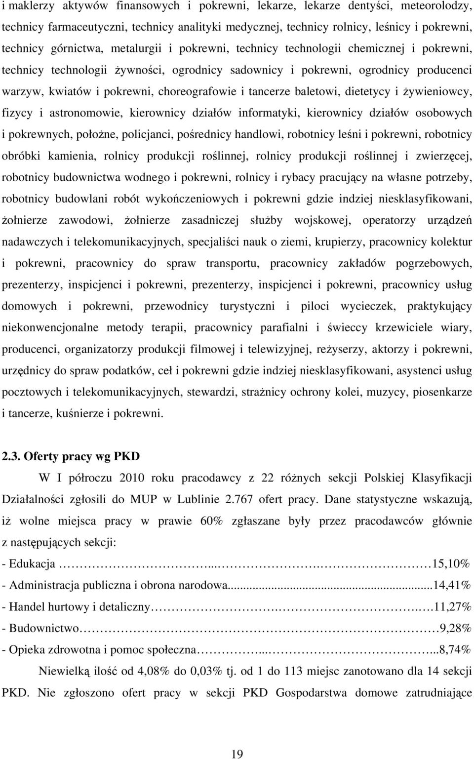 tancerze baletowi, dietetycy i żywieniowcy, fizycy i astronomowie, kierownicy działów informatyki, kierownicy działów osobowych i pokrewnych, położne, policjanci, pośrednicy handlowi, robotnicy leśni