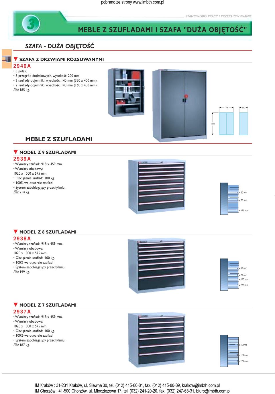 MEBLE Z SZUFLADAMI I SZAFA "DUŻA OBJĘTOŚĆ" 1146 690 1600 MEBLE Z SZUFLADAMI MODEL Z 9 SZUFLADAMI 2939A Wymiary szuflad: 918 x 459 mm. Wymiary obudowy: 1020 x 1000 x 575 mm. Obciążenie szuflad: 100 kg.