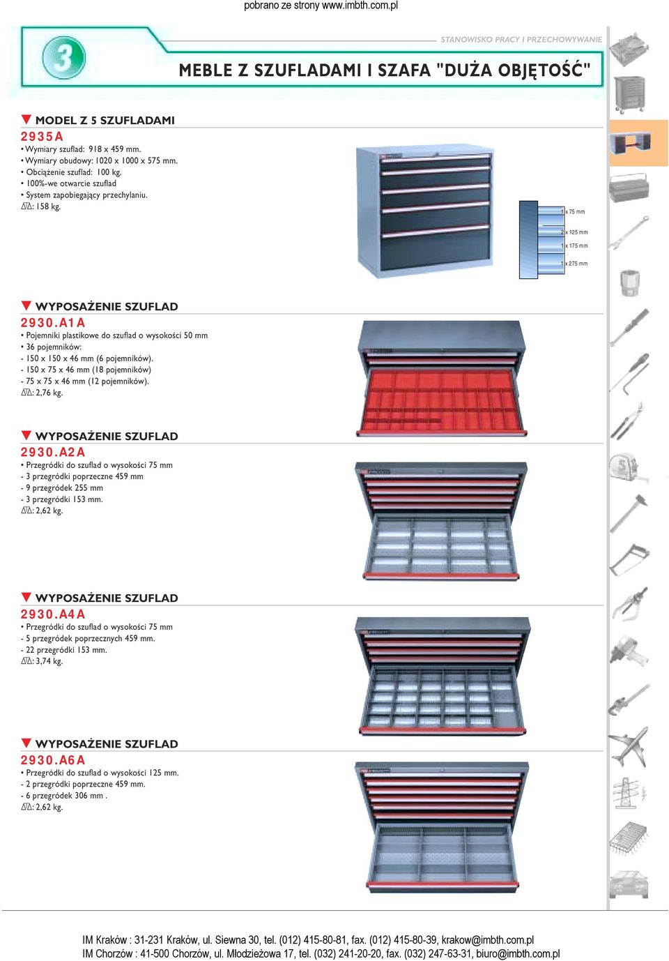 A1A Pojemniki plastikowe do szuflad o wysokości 50 mm 36 pojemników: - 150 x 150 x 46 mm (6 pojemników). - 150 x 75 x 46 mm (18 pojemników) - 75 x 75 x 46 mm (12 pojemników). D:2,76 kg.