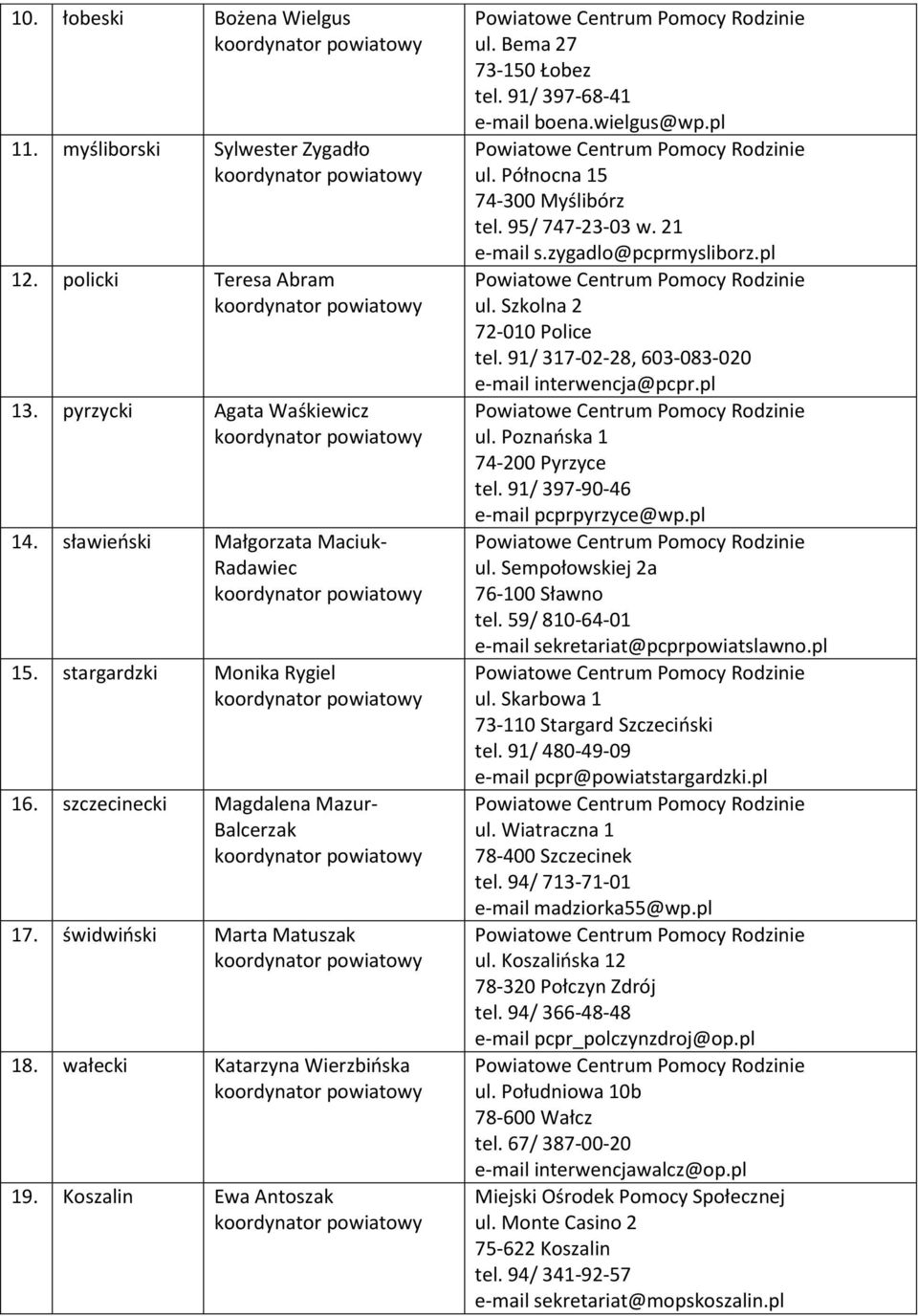 wielgus@wp.pl owe ul. Północna 15 74-300 Myślibórz tel. 95/ 747-23-03 w. 21 e-mail s.zygadlo@pcprmysliborz.pl owe ul. Szkolna 2 72-010 Police tel. 91/ 317-02-28, 603-083-020 e-mail interwencja@pcpr.