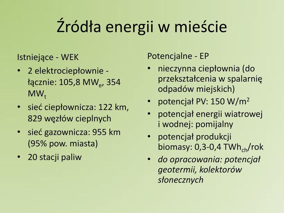 miasta) 20 stacji paliw Potencjalne - EP ie zy a iepłow ia do przekształ e ia w spalar ię odpadów miejskich)