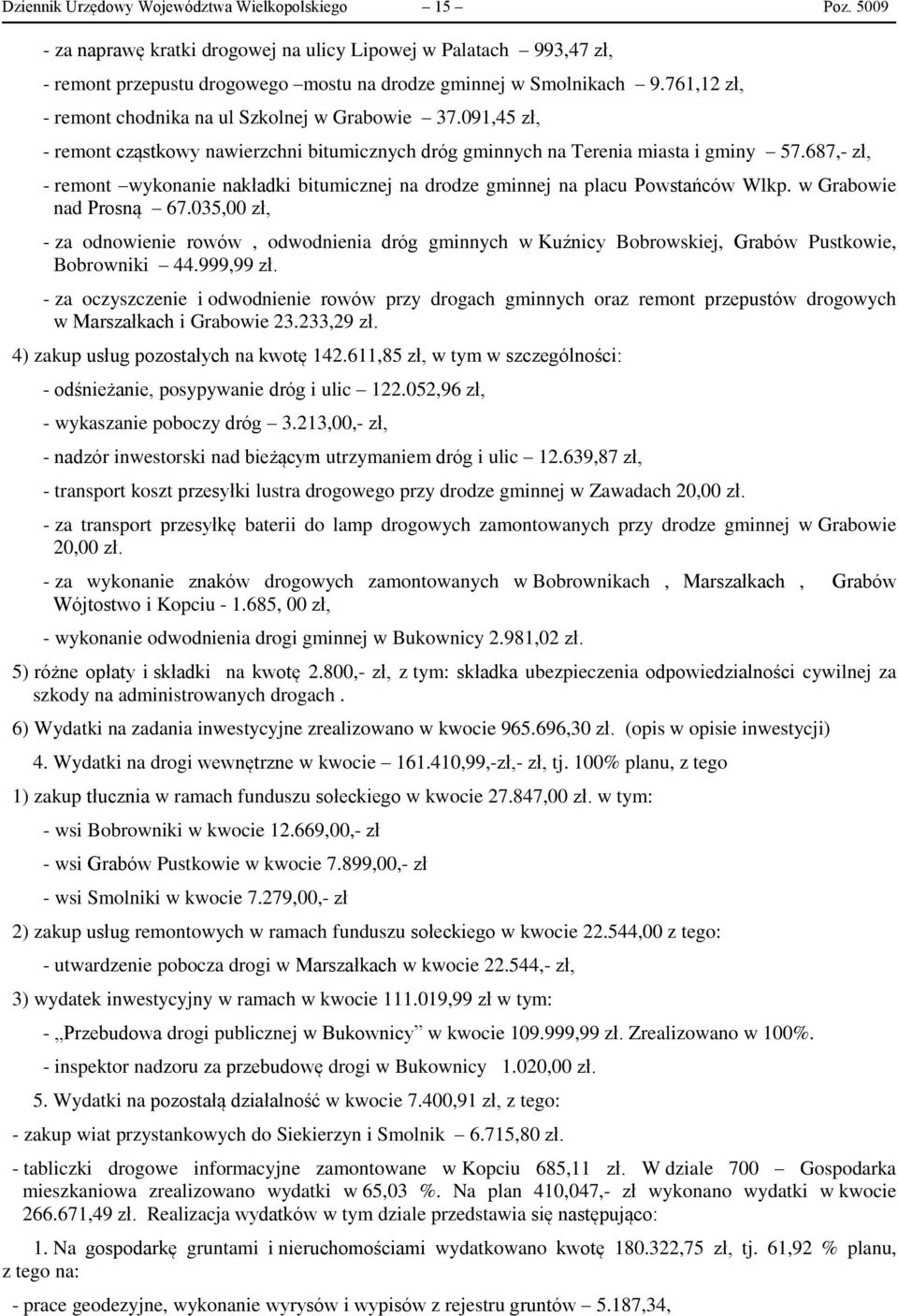 687,- zł, - remont wykonanie nakładki bitumicznej na drodze gminnej na placu Powstańców Wlkp. w Grabowie nad Prosną 67.