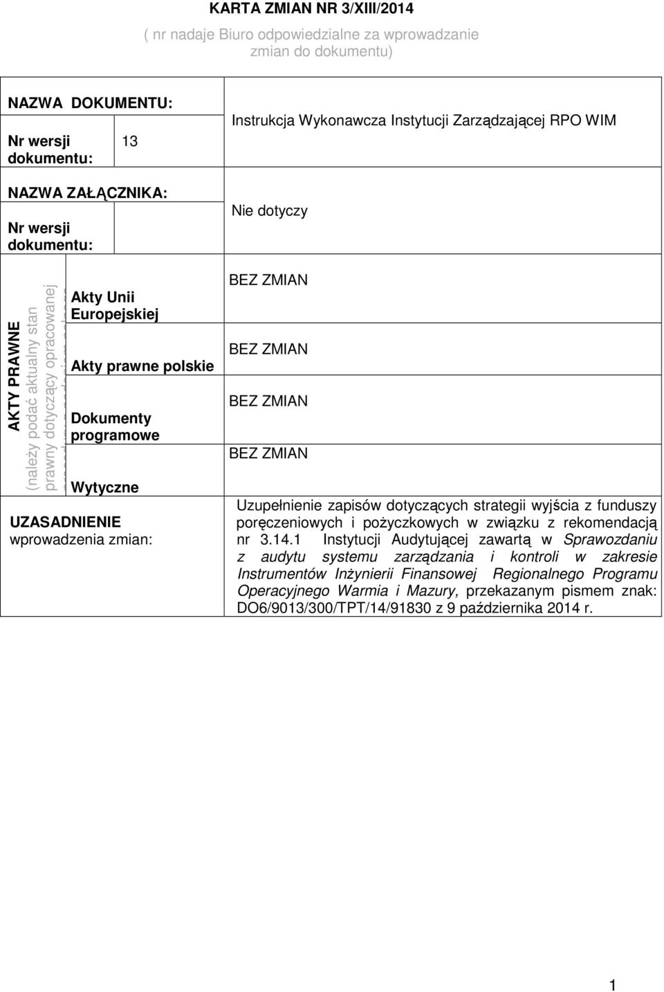 programowe Wytyczne UZASADNIENIE wprowadzenia zmian: Uzupełnienie zapisów dotyczących strategii wyjścia z funduszy poręczeniowych i poŝyczkowych w związku z rekomendacją nr 3.14.