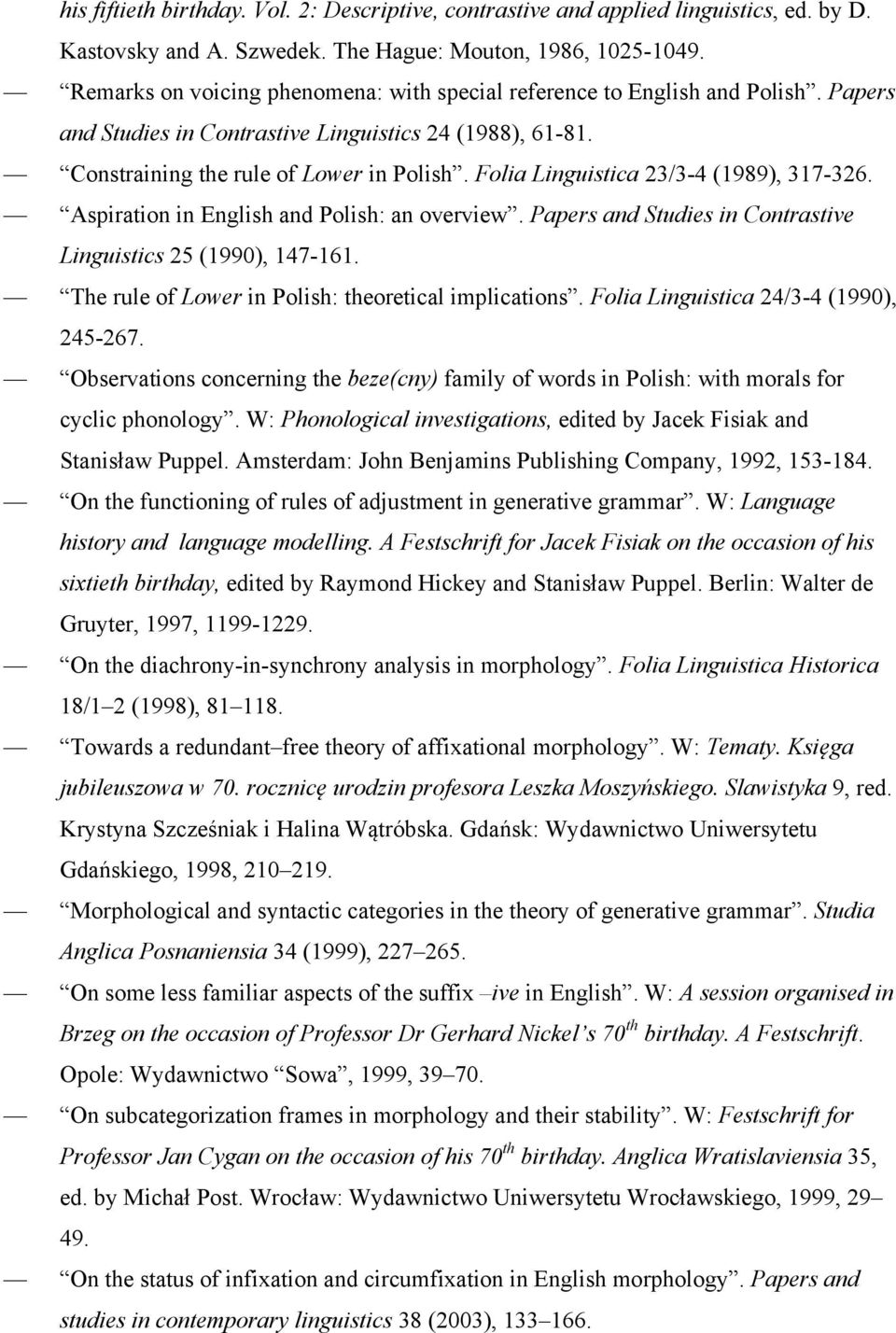 Folia Linguistica 23/3-4 (1989), 317-326. Aspiration in English and Polish: an overview. Papers and Studies in Contrastive Linguistics 25 (1990), 147-161.