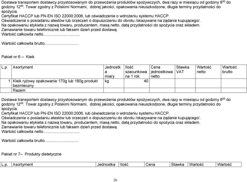 Certyfikat HACCP lub PN-EN ISO 22000:2006, lub oświadczenie o wdrożeniu systemu HACCP. Oświadczenie o posiadaniu atestów lub orzeczeń o dopuszczeniu do obrotu /okazywane na żądanie kupującego/.