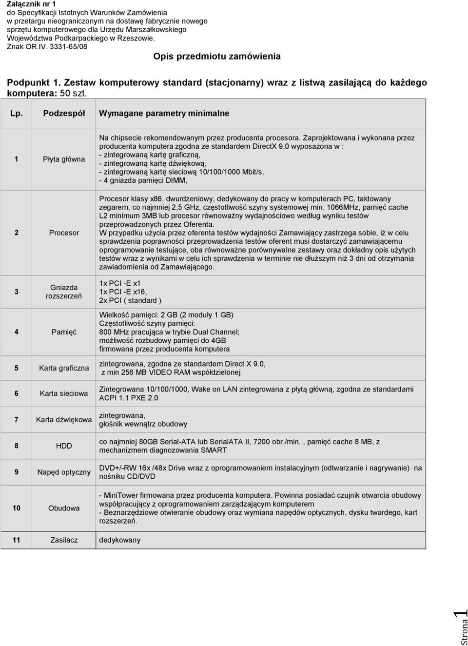 Podzespół Wymagane parametry minimalne 1 Płyta główna 2 Procesor 3 Gniazda rozszerzeń 4 Pamięć 5 Karta graficzna 6 Karta sieciowa 7 Karta dźwiękowa 8 HDD 9 Napęd optyczny 10 Obudowa Na chipsecie