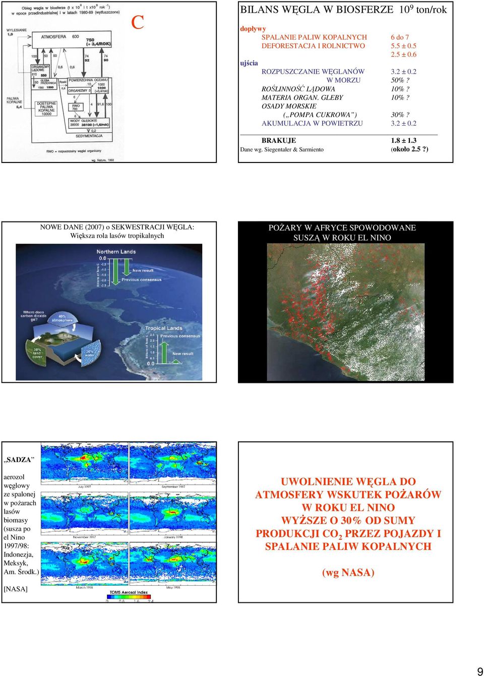 ) NOWE DANE (2007) o SEKWESTRACJI WĘGLA: Większa rola lasów tropikalnych POśARY W AFRYCE SPOWODOWANE SUSZĄ W ROKU EL NINO SADZA aerozol węglowy ze spalonej w poŝarach lasów biomasy (susza