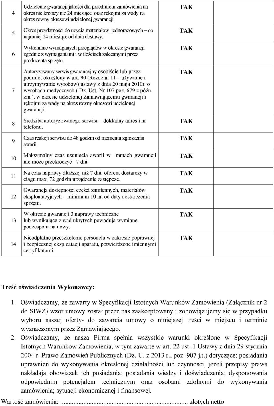 Wykonanie wymaganych przeglądów w okresie gwarancji zgodnie z wymaganiami i w ilościach zalecanymi przez producenta sprzętu.