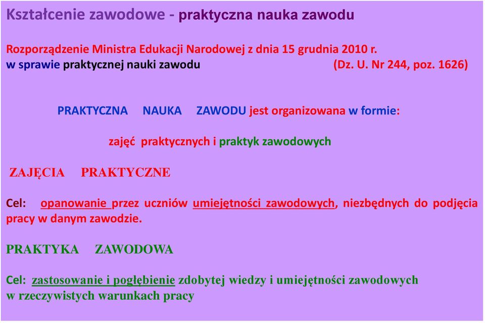 1626) PRAKTYCZNA NAUKA ZAWODU jest organizowana w formie: zajęć praktycznych i praktyk zawodowych ZAJĘCIA PRAKTYCZNE Cel: