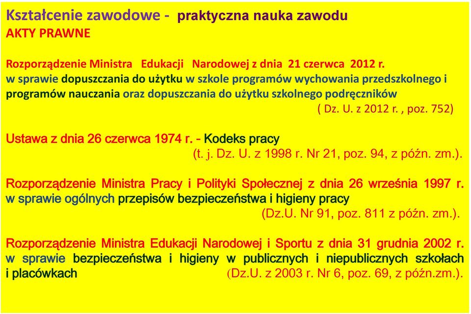 752) Ustawa z dnia 26 czerwca 1974 r. - Kodeks pracy (t. j. Dz. U. z 1998 r. Nr 21, poz. 94, z późn. zm.). Rozporządzenie Ministra Pracy i Polityki Społecznej z dnia 26 września 1997 r.